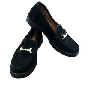 ASOS Design Womens Chunky Faux Suede Loafers Size 6 Black Gold Horsebit Lug Sole